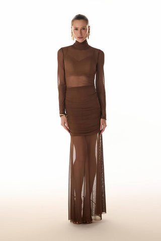Vestido Saia Drape Em Tule - Marron 431527MA09