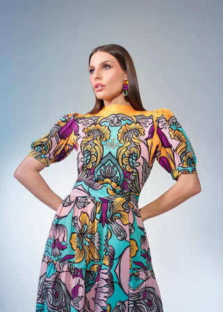 Dress Midi Helena Print Flowers Green Orange - Flowers Green Orange 228003  FLOWERS