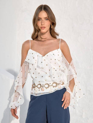 Blusa Em Chiffon Alças Babados E Bordados - Off White 211405BR03 OFF..
