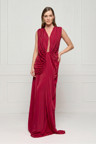 Vestido Drapeado Longo Jersey - Licor Cereja 2815051034