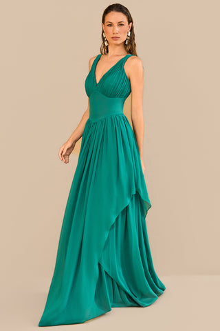 Vestido Fluido Busto Drape e Saia c/ Jabo - 281606