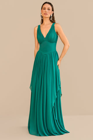 Vestido Fluido Busto Drape e Saia c/ Jabo - 281606