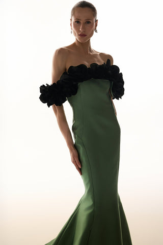 Vestido - Oliva /flores Preta 2915220125