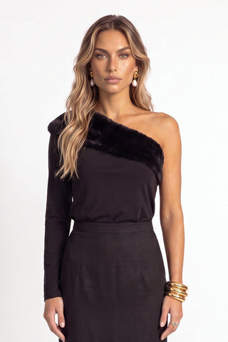 Blusa Um Ombro So C/ Pelo - Preto - frente
