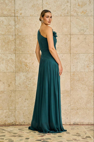 Vestido Um Ombro So C/flor Aplic Drapeado - Floresta 281541VD07