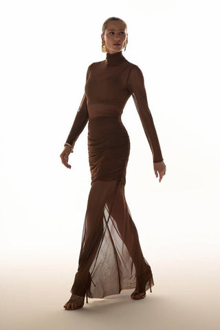 Vestido Saia Drape Em Tule - Marron 431527MA09
