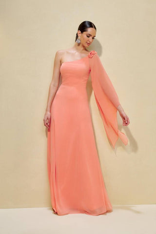Vestido Fluido Um Ombro Só C/flores - Pessego 281455BG07