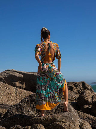Dress Midi Helena Print Flowers Green Orange - Flowers Green Orange 228003  FLOWERS