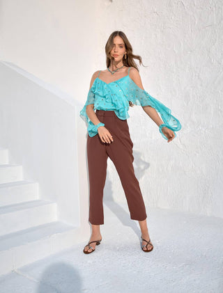 Blusa Em Chiffon Alças Babados E Bordados - Turqueza 211405AZ02