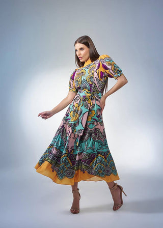Dress Midi Helena Print Flowers Green Orange - Flowers Green Orange 228003  FLOWERS